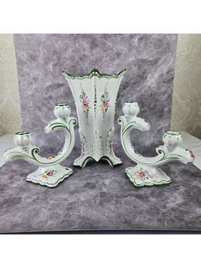 Vintage Hand Painted Porcelain Vase and 2 Candleholders Numbered Signed Portugal